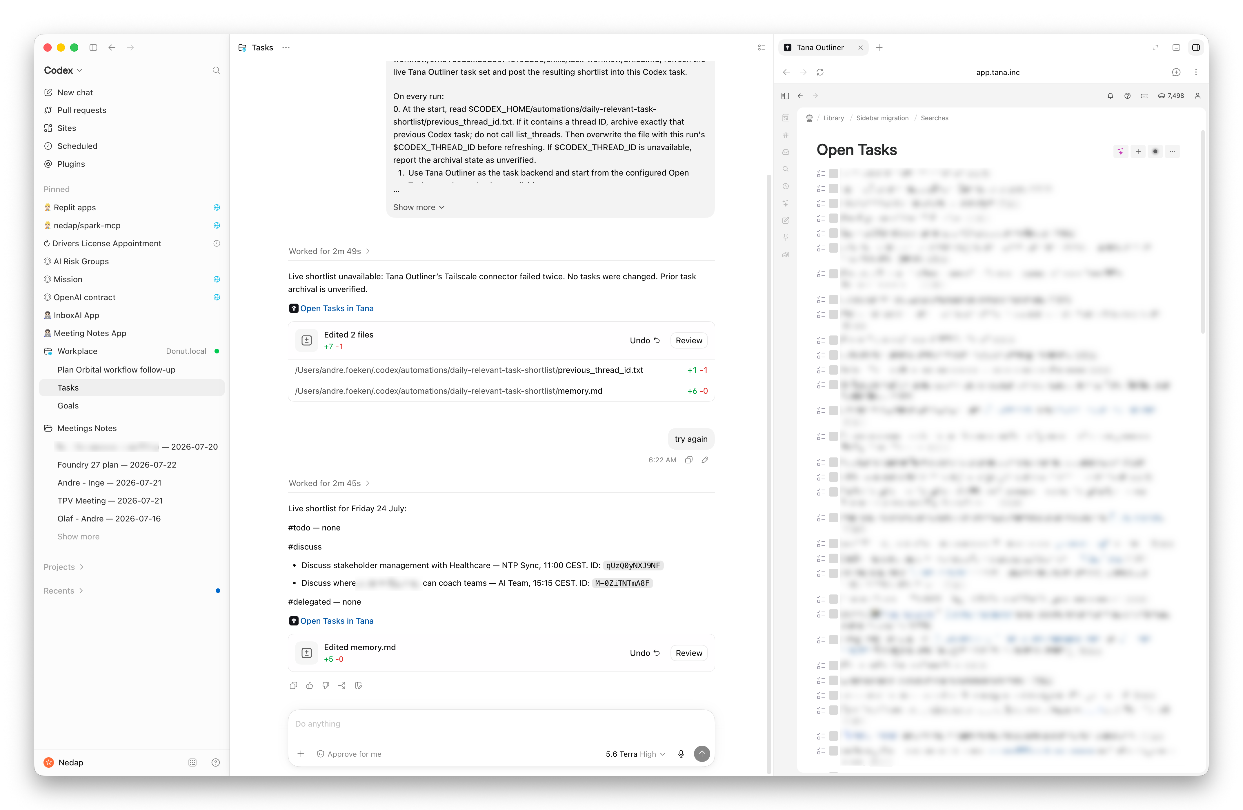 Meeting Notes flowing through Codex into Tana Outliner